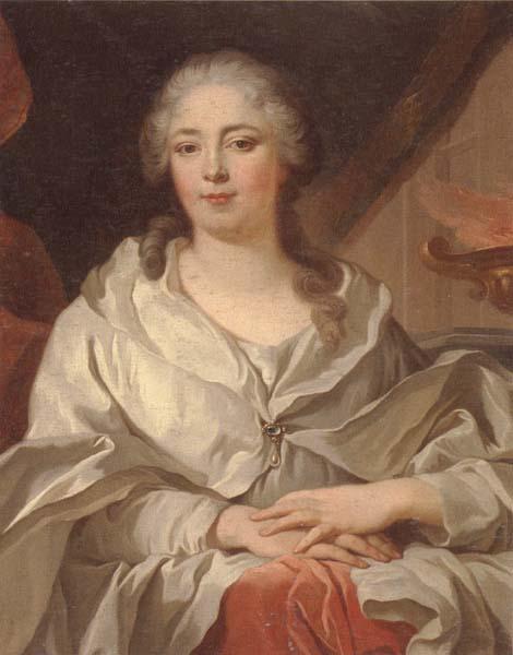 unknow artist Portrait of a lady,half-langth seated,wearing an ivory dress and mantle with a pearl brooch,by a draped curtain and a flaming urn Sweden oil painting art